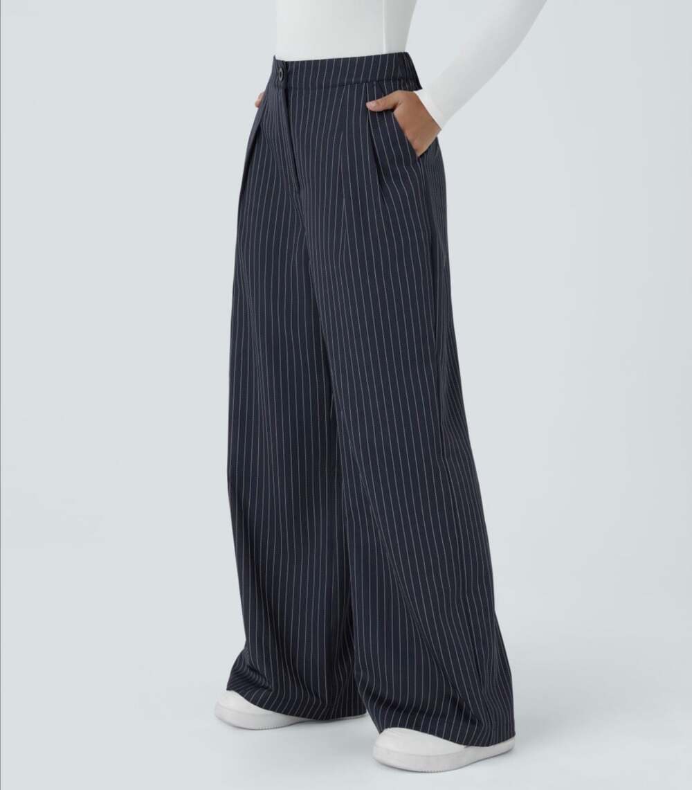 Halara High Waisted Button Zipper Wide Leg Pinstripe Work Pants#610
